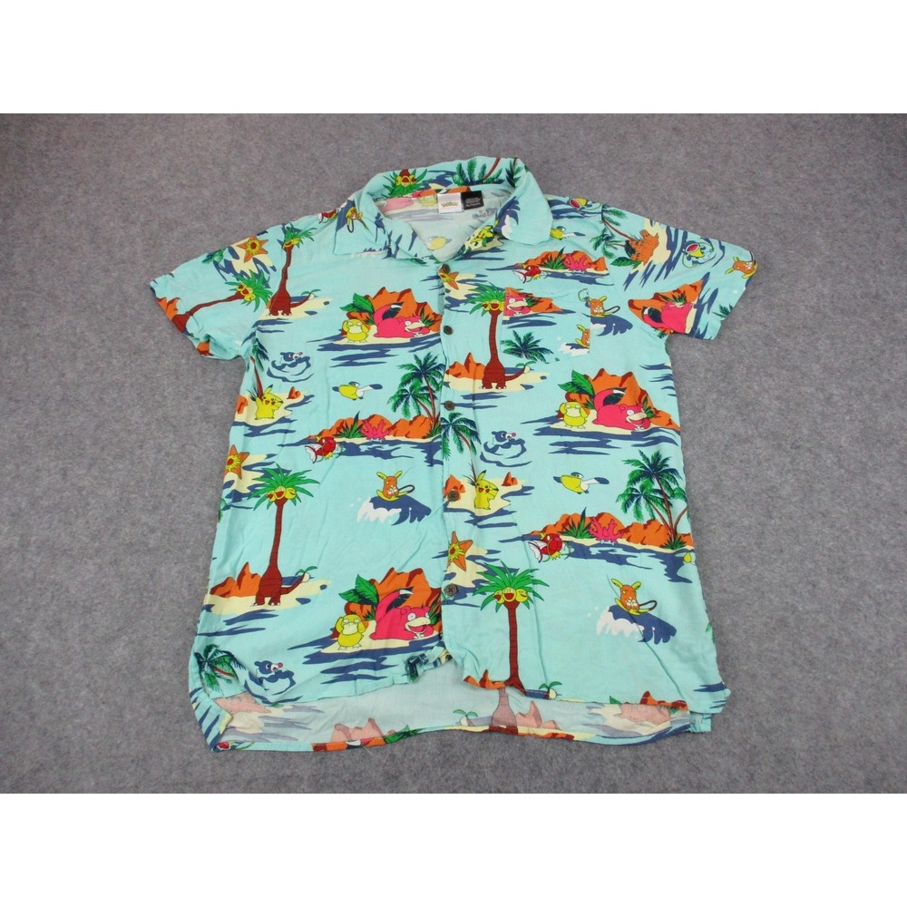 Pokemon Shirt Mens Extra Large Blue Red Hawaiian Island Button Up Rayon